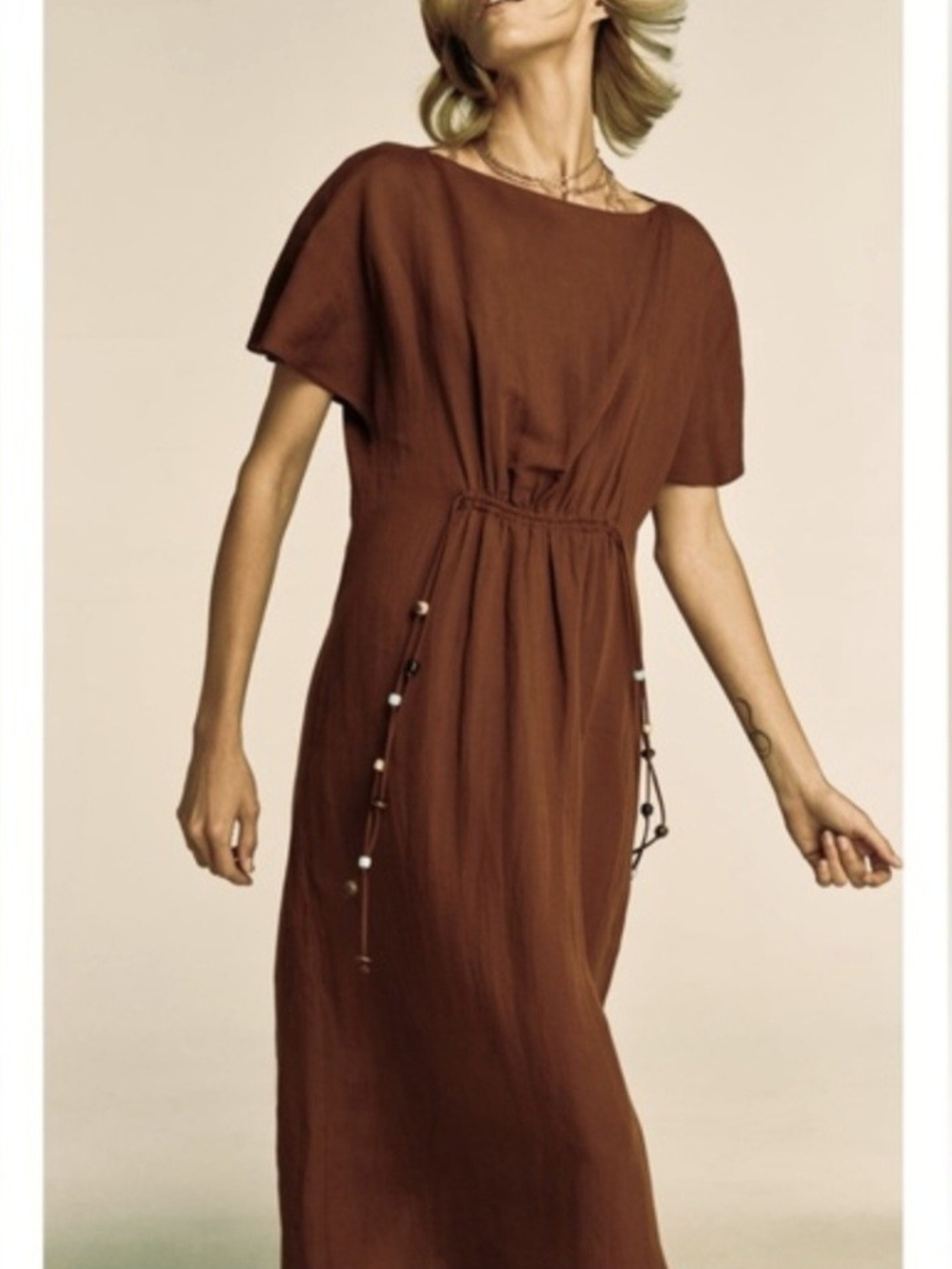 Zara Brown Midi Drawstring Waist Dress